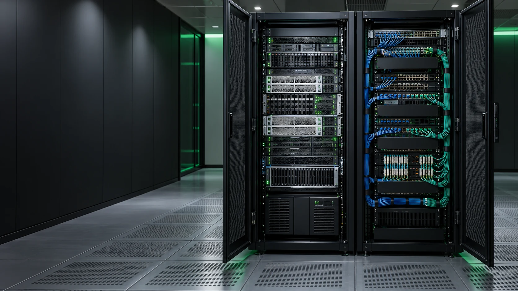 Dois racks, um com servidores e outro com switches e cabeamento organizado